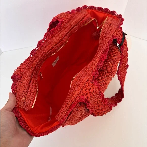 NWT ♠️ Kate Spade Target Raffia Bow Large Tote Bag Red Woven Straw Summer Purse - Picture 5 of 10